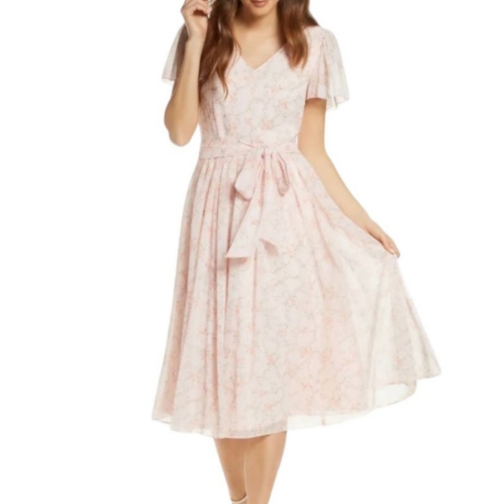 RP Rachel Parcell Womens S Midi Dress Pink Floral Sheer Ruffle Sleeves Lined